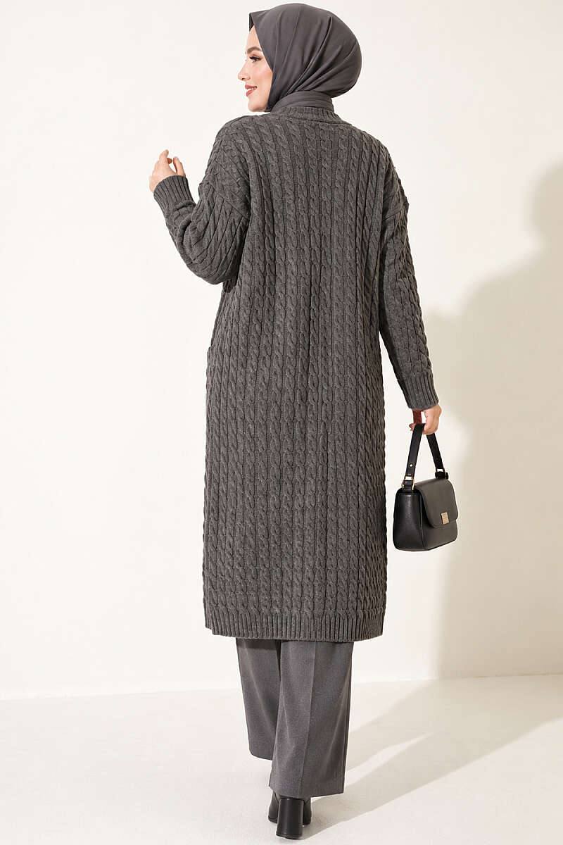 Long French Terry Cardigan with Double Pockets Smoke - الصورة 4