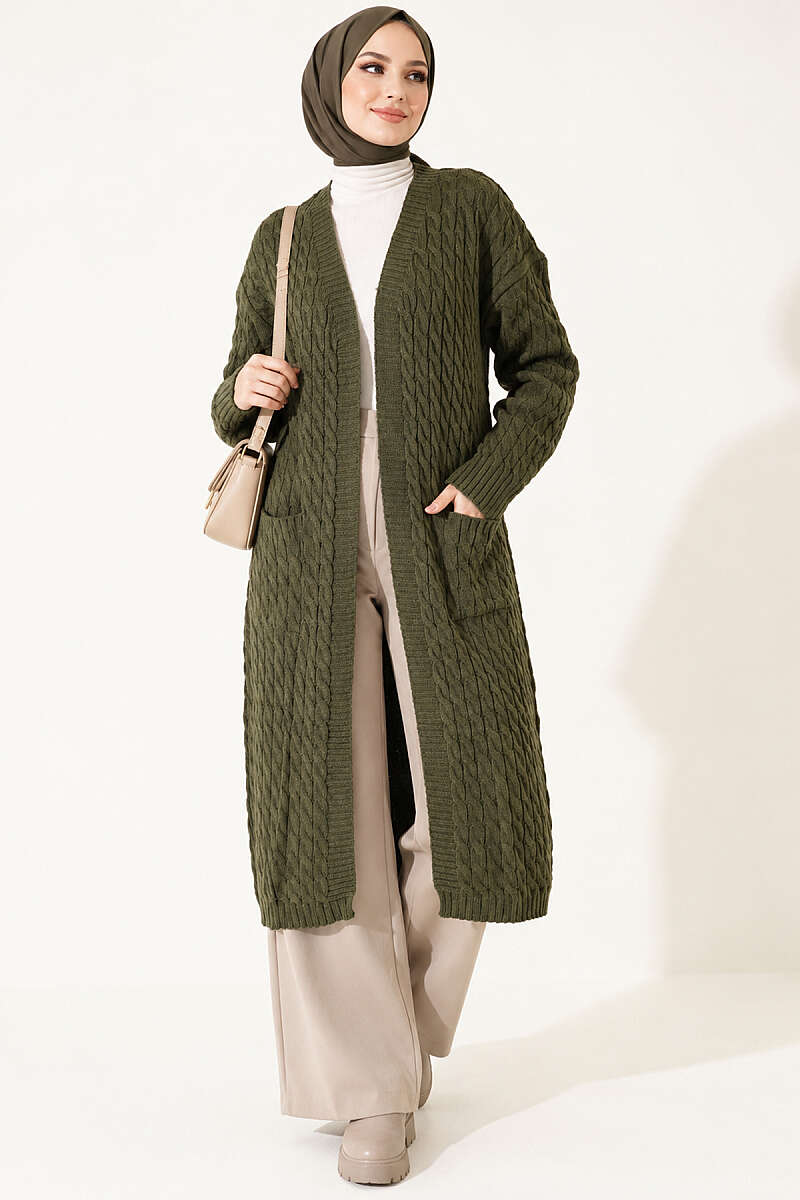 Long French Terry Cardigan with Double Pockets Khaki