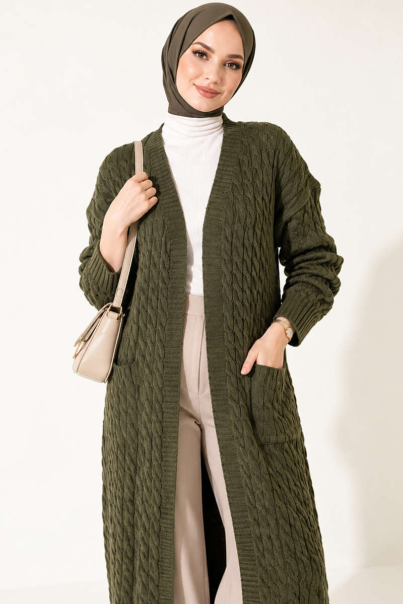 Long French Terry Cardigan with Double Pockets Khaki - Image 2