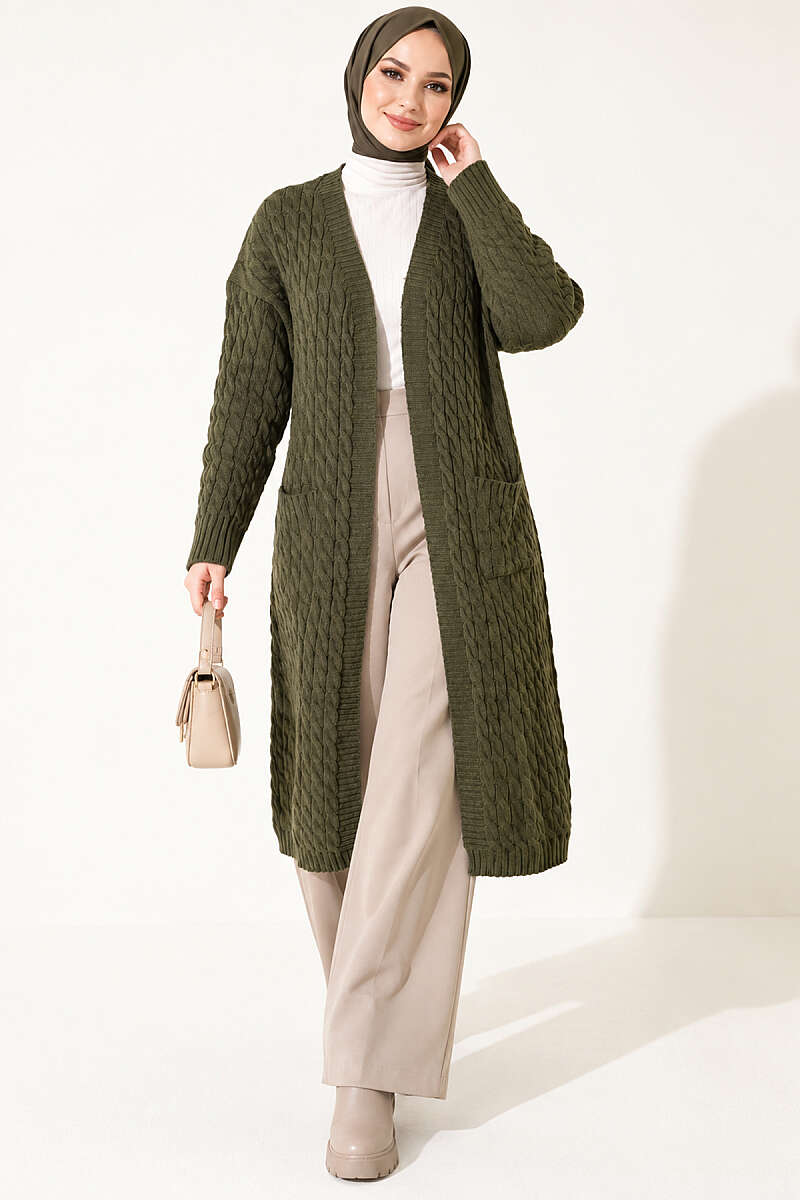 Long French Terry Cardigan with Double Pockets Khaki - Image 3