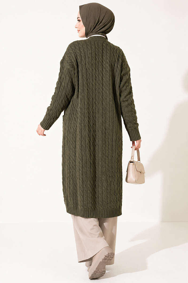 Long French Terry Cardigan with Double Pockets Khaki - Image 4