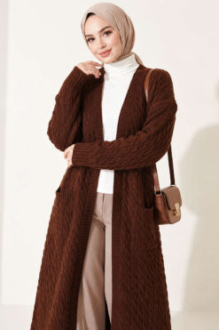 Alternative view of Long French Terry Cardigan with Double Pockets Brown