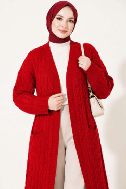Alternative view of Long French Terry Cardigan with Double Pockets Red