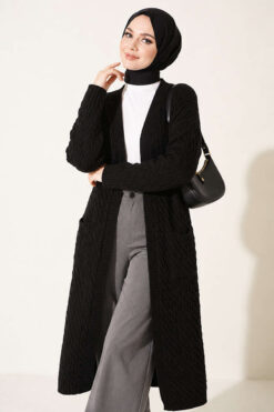 Alternative view of Long French Terry Cardigan with Double Pockets Black