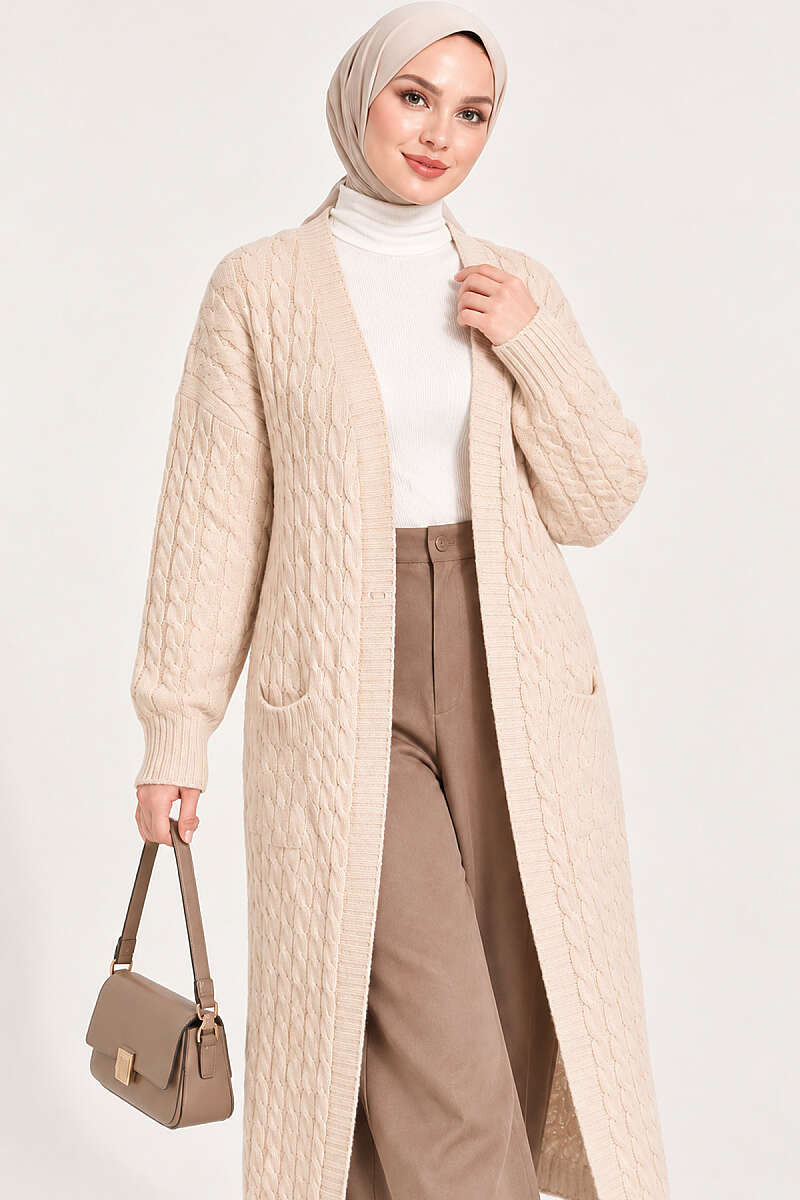 Long French Terry Cardigan with Double Pockets Stone – Bild 2
