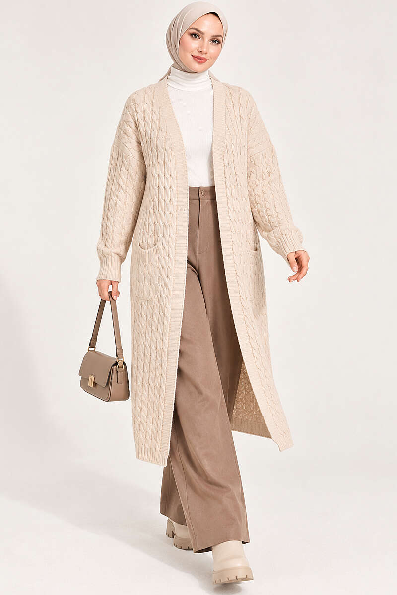 Long French Terry Cardigan with Double Pockets Stone – Bild 3