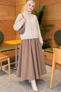 Alternative view of Double-Zippered Stand Collar Knit Cardigan Beige