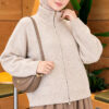 Double-Zippered Stand Collar Knit Cardigan Beige - Imagen 4