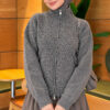 Double-Zippered Stand Collar Knit Cardigan Smoke