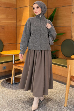 Alternative view of Double-Zippered Stand Collar Knit Cardigan Smoke