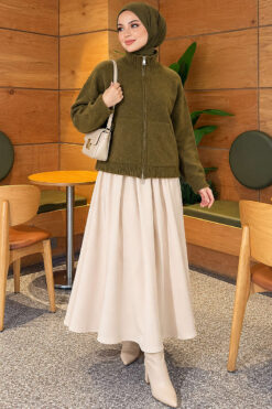 Alternative view of Double-Zippered Stand Collar Knit Cardigan Khaki