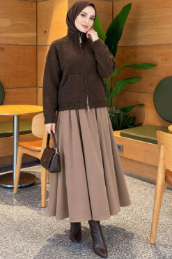 Alternative view of Double-Zippered Stand Collar Knit Cardigan Brown