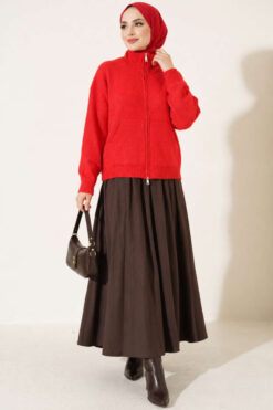 Alternative view of Double-Zippered Stand Collar Knit Cardigan Red