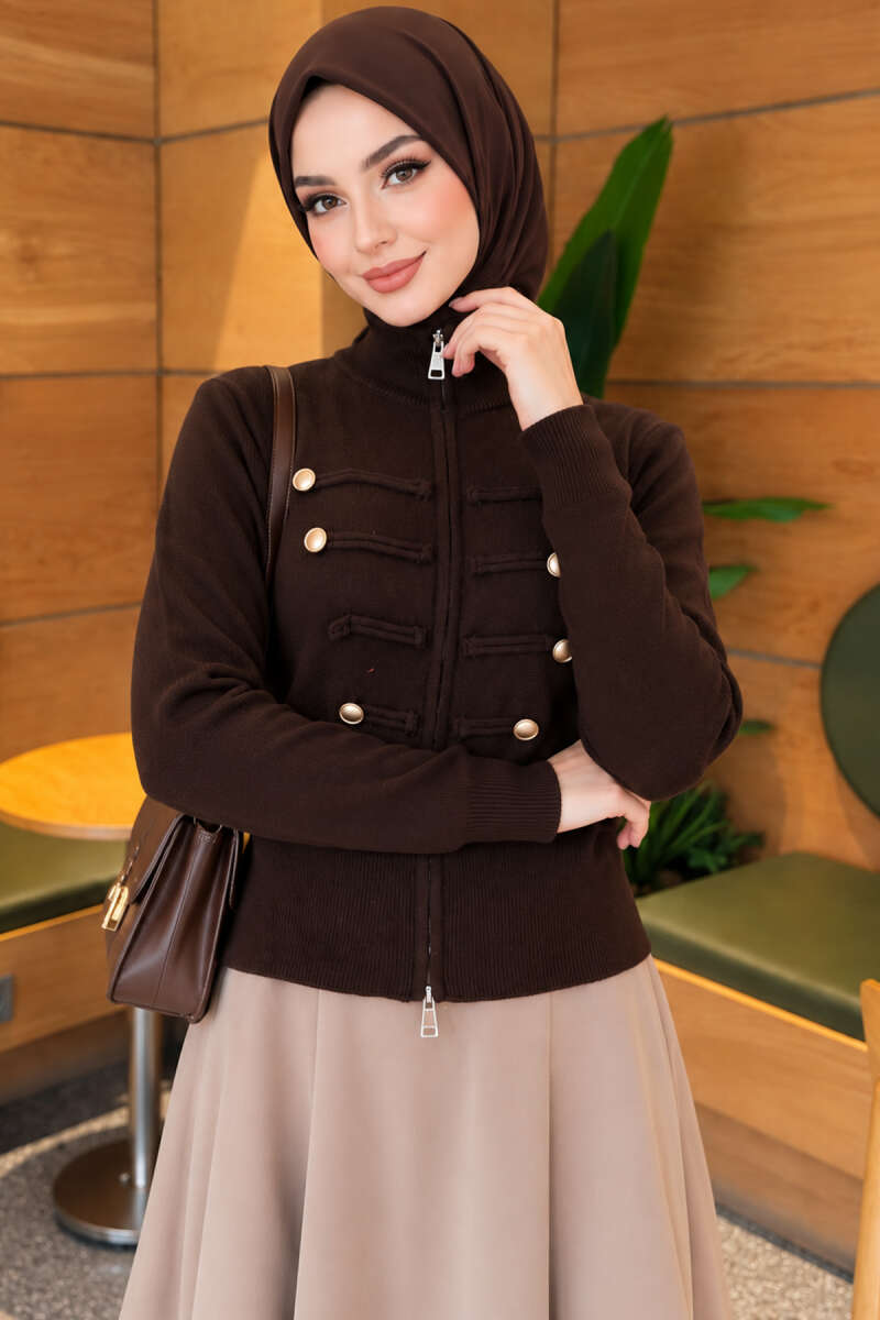 Double-Zippered Buttoned Knit Cardigan Brown - الصورة 3