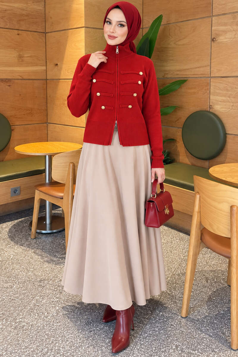 Double-Zippered Buttoned Knit Cardigan Red - الصورة 2