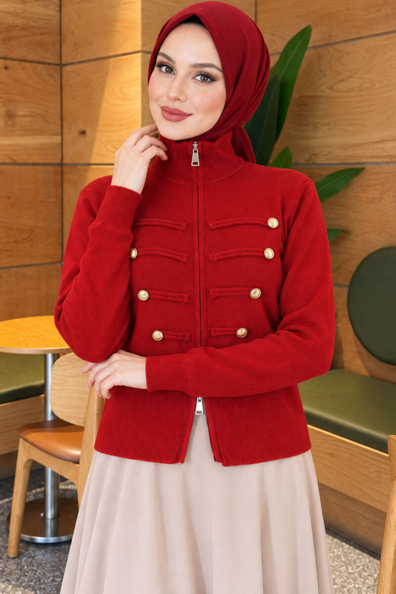 Double-Zippered Buttoned Knit Cardigan Red - الصورة 3