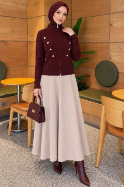 Alternative view of Double-Zippered Buttoned Knit Cardigan Plum