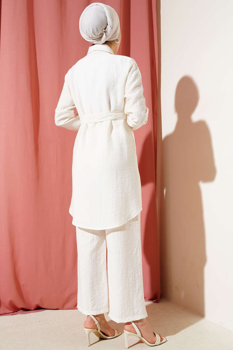 Double-Breasted Pocketed Belted Two-Piece Set Ecru - Image 3