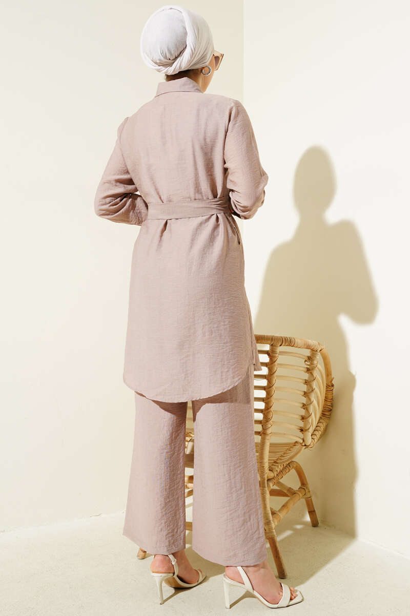Double-Breasted Pocketed Belted Two-Piece Set Mink - Image 3