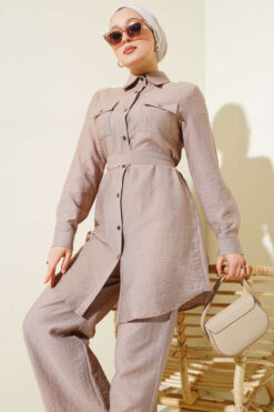 Alternative view of Double-Breasted Pocketed Belted Two-Piece Set Mink