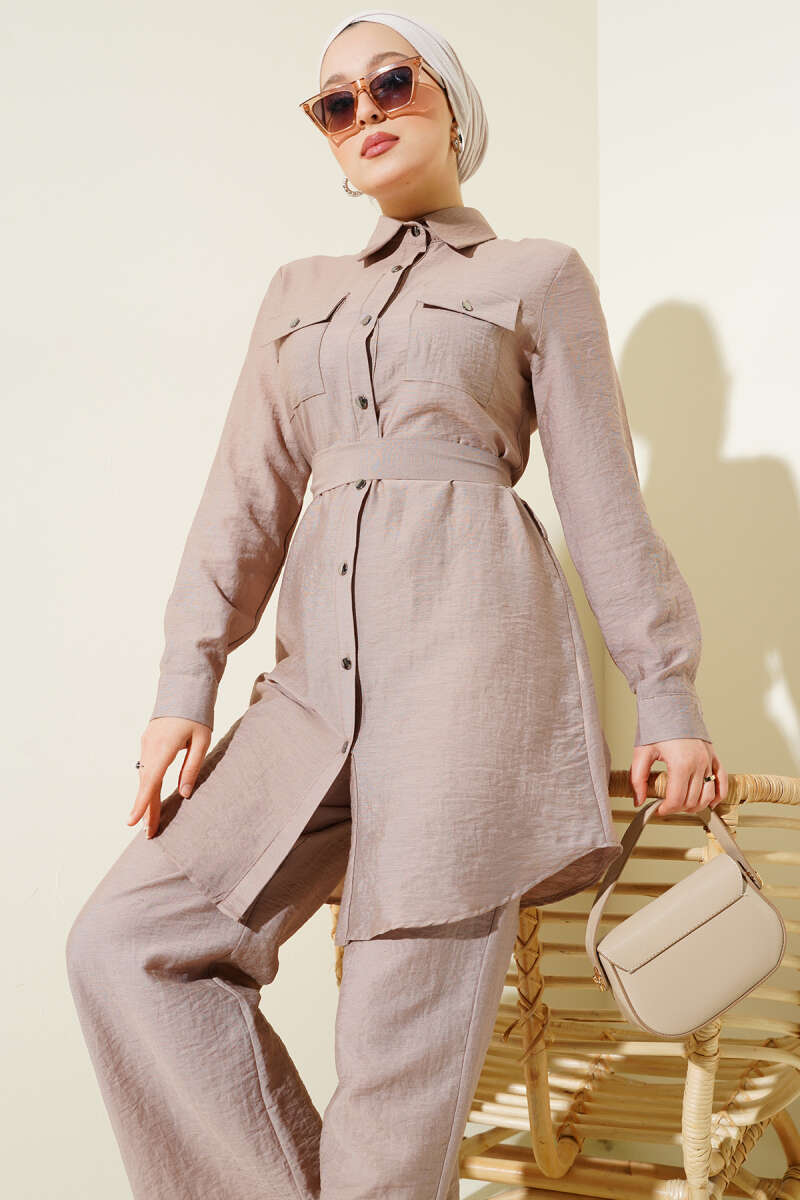 Double-Breasted Pocketed Belted Two-Piece Set Mink - Image 2