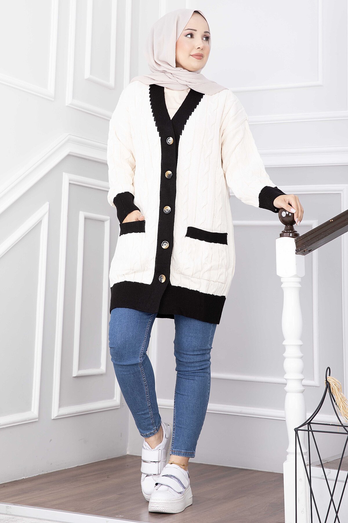 Two-Tone Knitted Hair-Pattern Cardigan Navy Blue – Bild 5