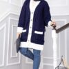 Two-Tone Knitted Hair-Pattern Cardigan Navy Blue