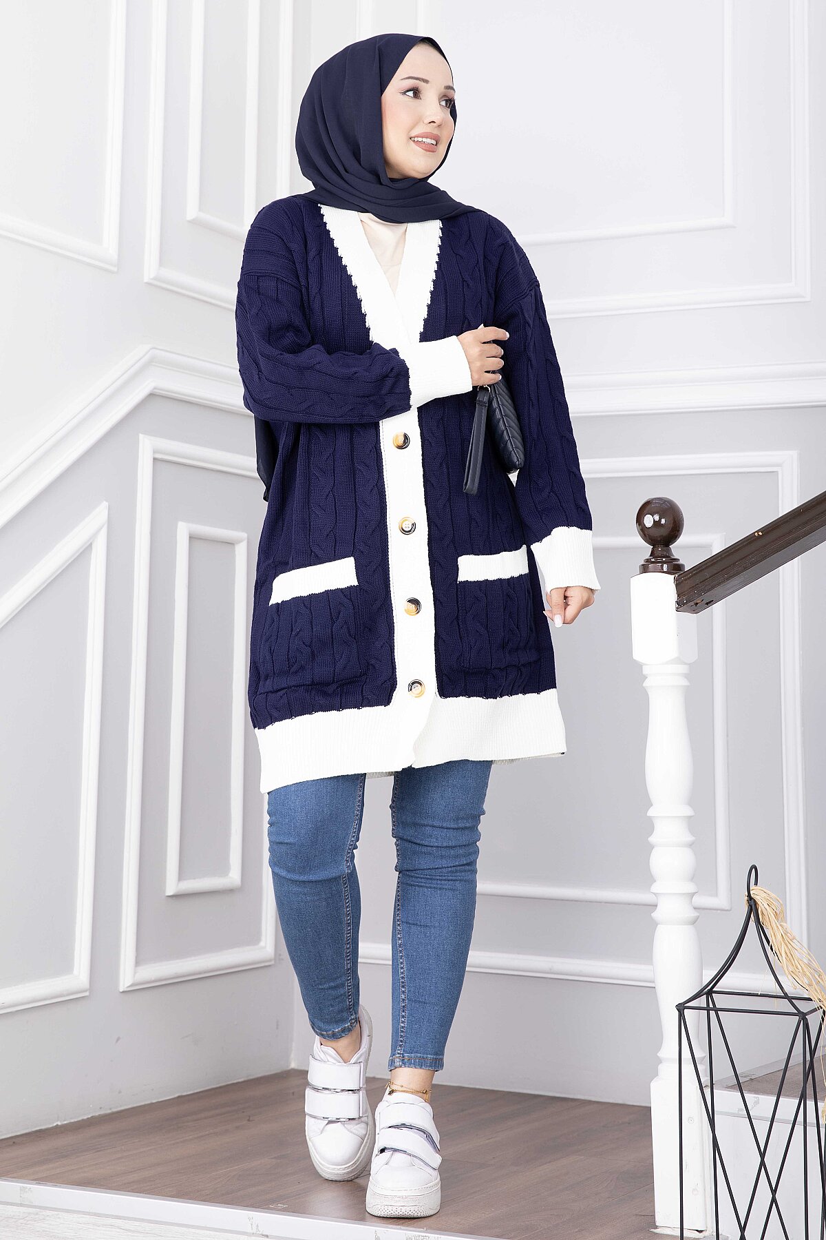 Two-Tone Knitted Hair-Pattern Cardigan Navy Blue – Bild 3
