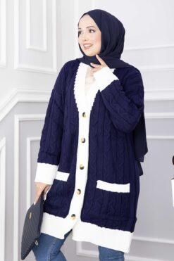 Alternative view of Two-Tone Knitted Hair-Pattern Cardigan Navy Blue