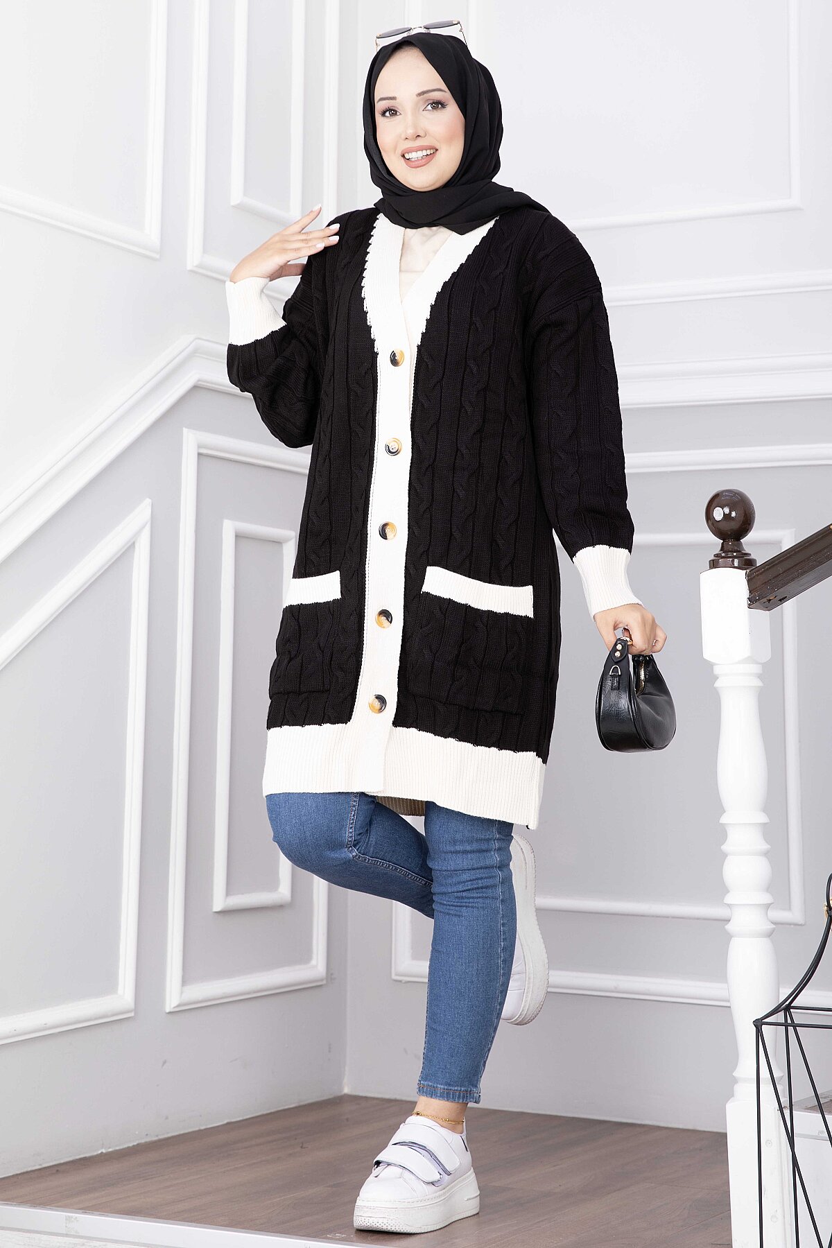 Two-Tone Knitted Hair-Pattern Cardigan Black - immagine 3