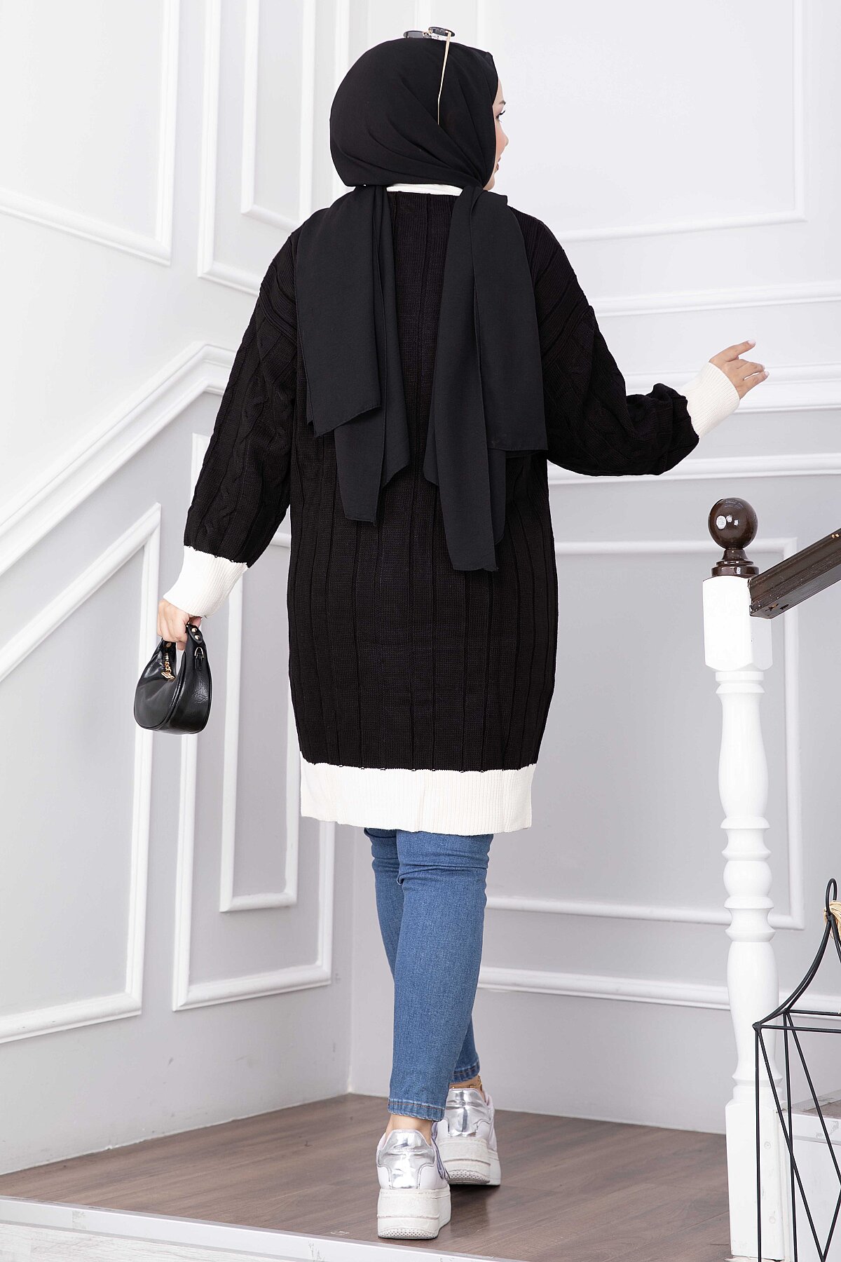 Two-Tone Knitted Hair-Pattern Cardigan Black - immagine 4