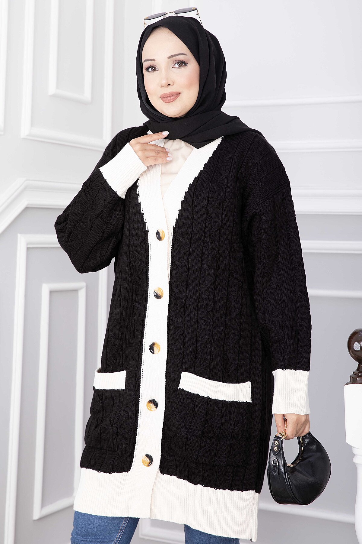 Two-Tone Knitted Hair-Pattern Cardigan Black - immagine 2