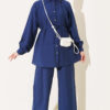 Two-Piece Set with Double Ruffles and Belt Navy Blue