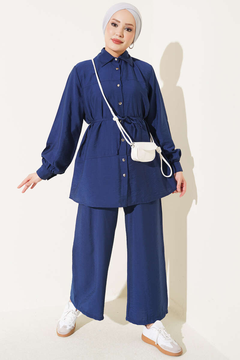 Two-Piece Set with Double Ruffles and Belt Navy Blue