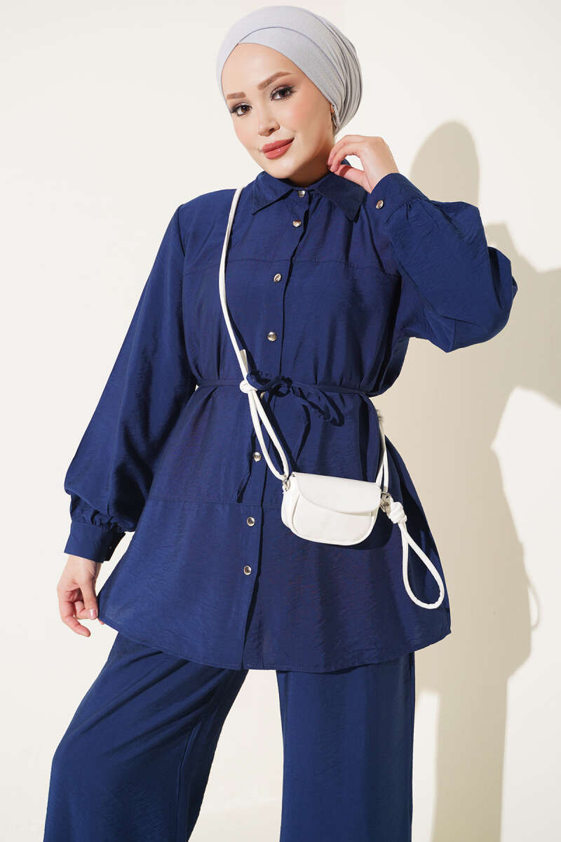Two-Piece Set with Double Ruffles and Belt Navy Blue - Imagen 2