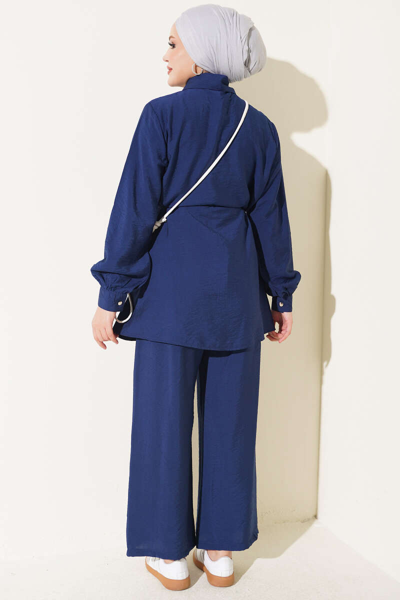 Two-Piece Set with Double Ruffles and Belt Navy Blue - Imagen 3