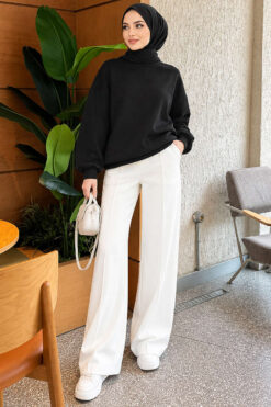 Alternative view of French terry Spanish-style wide-leg pants with cuffed hem White