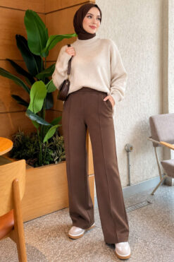 Alternative view of French terry Spanish-style wide-leg pants with cuffed hem Brown