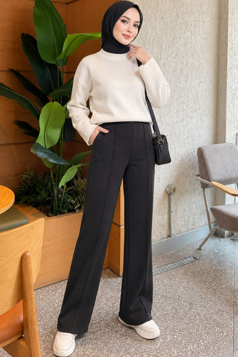 French terry Spanish-style wide-leg pants with cuffed hem Black – Bild 2
