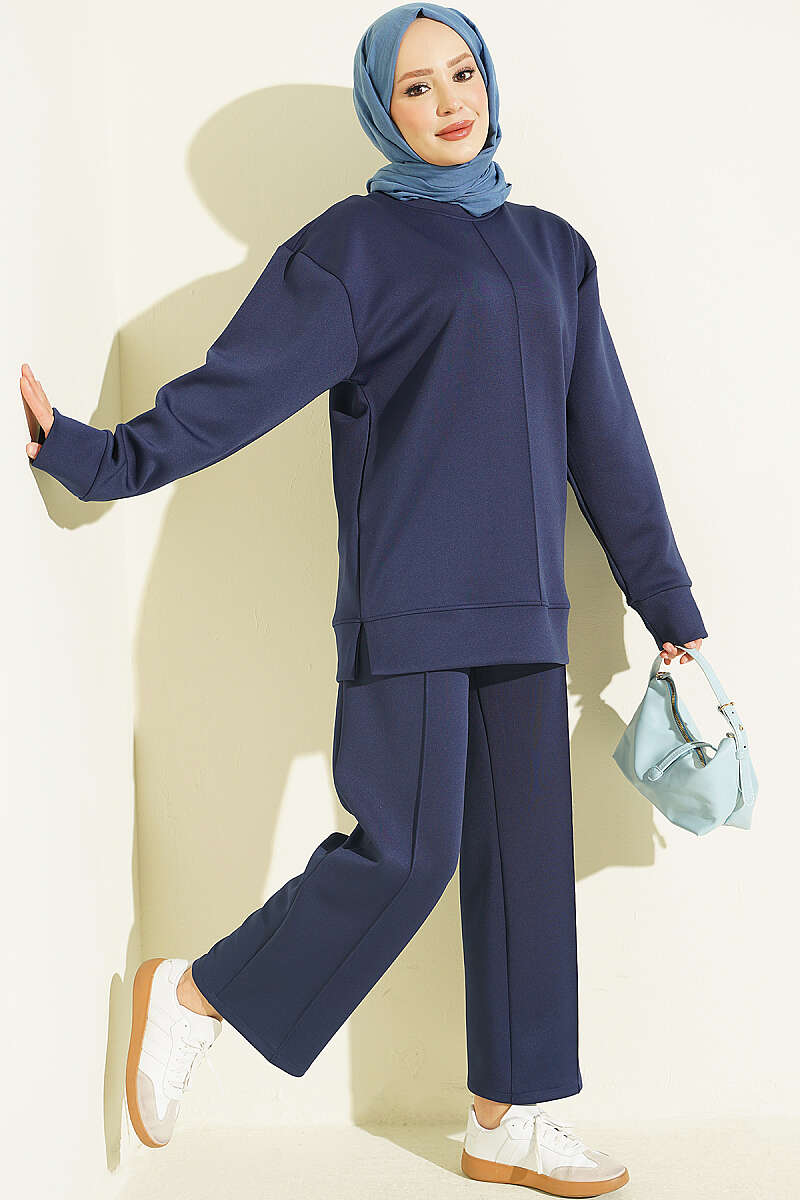 Buttoned Scuba Two-Piece Set Navy Blue