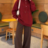 Buttoned Three-Thread Knit Tunic Burgundy - الصورة 2