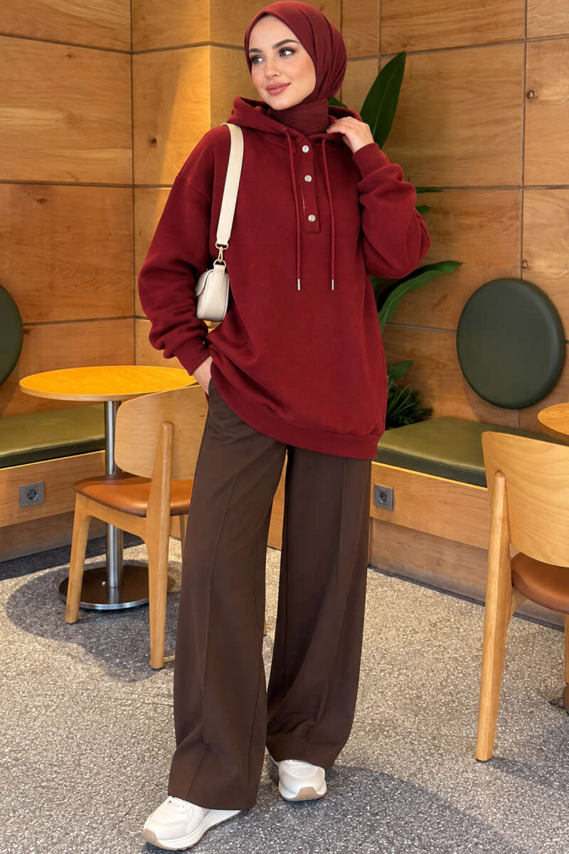 Buttoned Three-Thread Knit Tunic Burgundy - الصورة 2