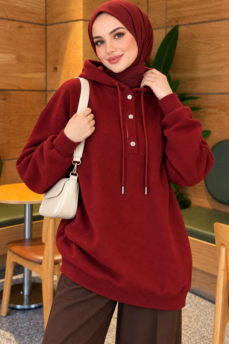 Buttoned Three-Thread Knit Tunic Burgundy - الصورة 3