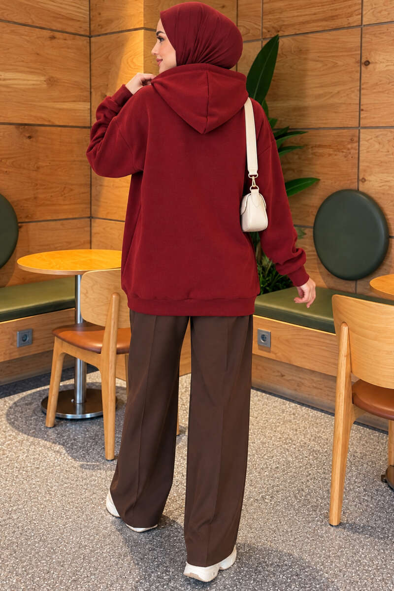 Buttoned Three-Thread Knit Tunic Burgundy - الصورة 4