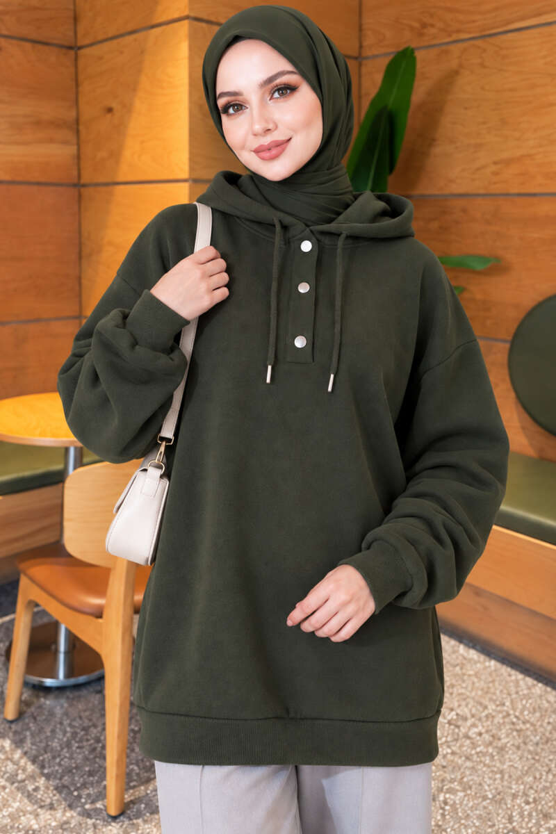 Buttoned Three-Thread Knit Tunic Khaki