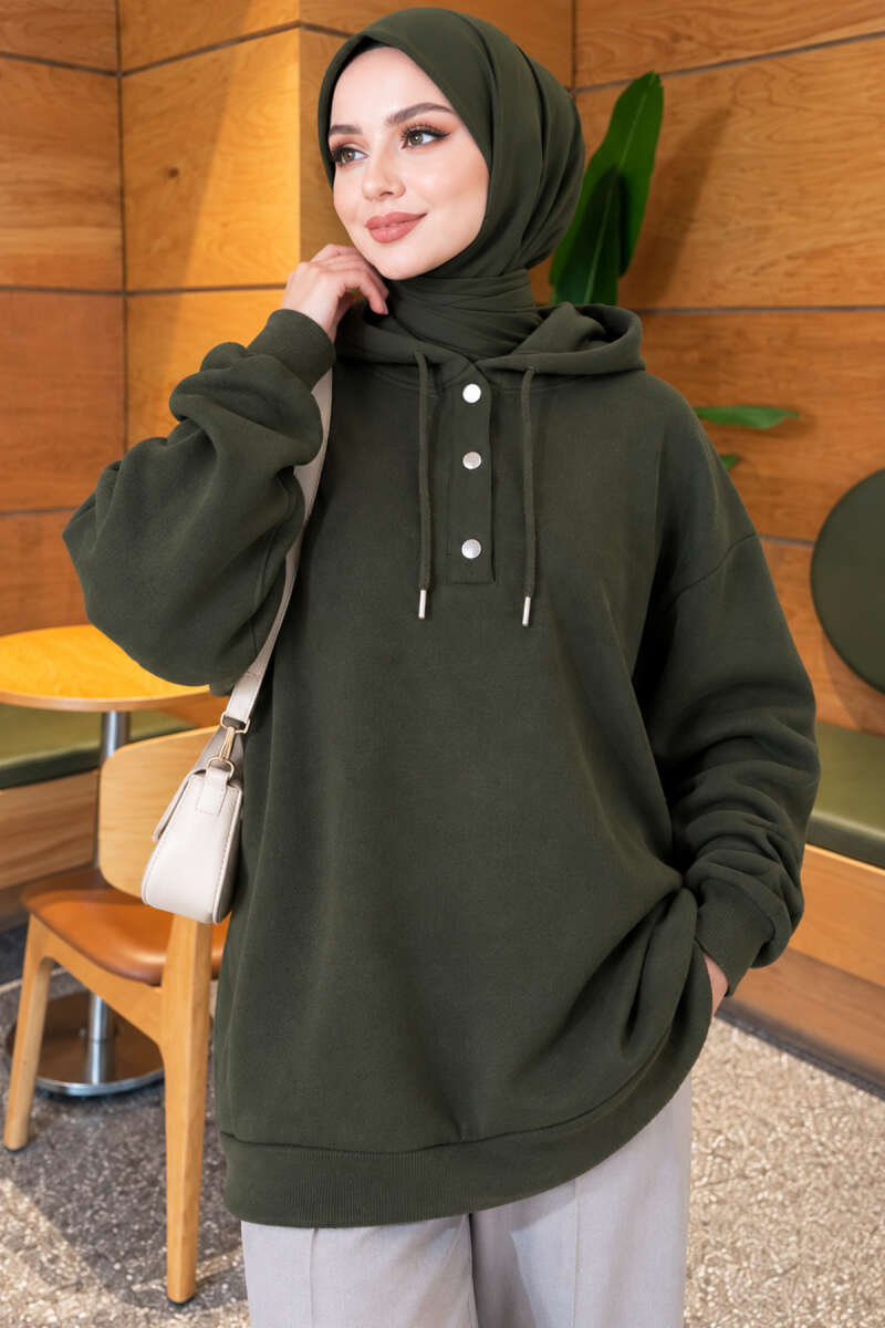Buttoned Three-Thread Knit Tunic Khaki - Imagen 3