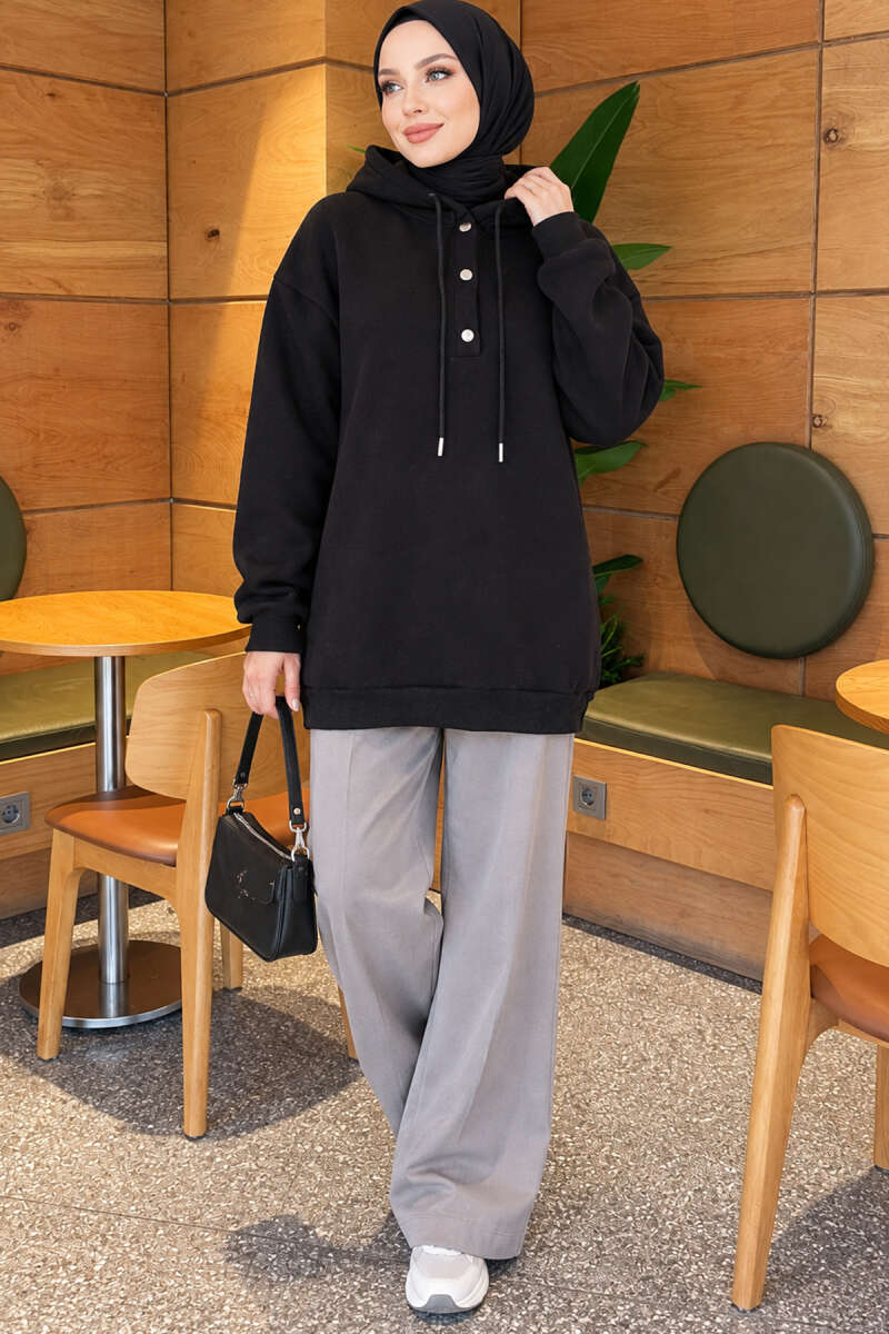 Buttoned Three-Thread Knit Tunic Black - الصورة 2