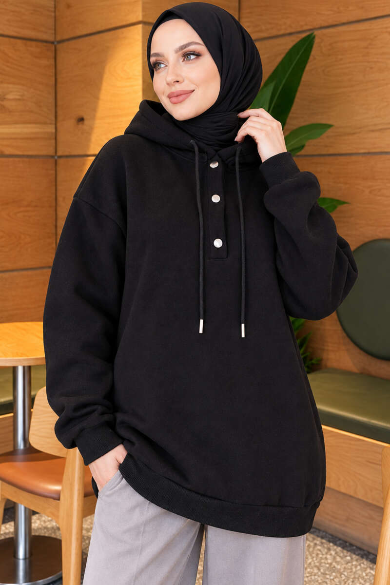Buttoned Three-Thread Knit Tunic Black - الصورة 3