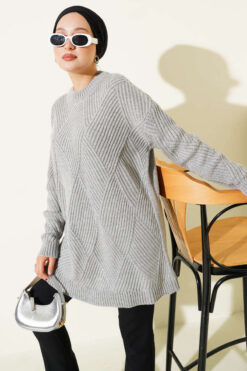 Striped Diamond Pattern Knit Tunic Grey
