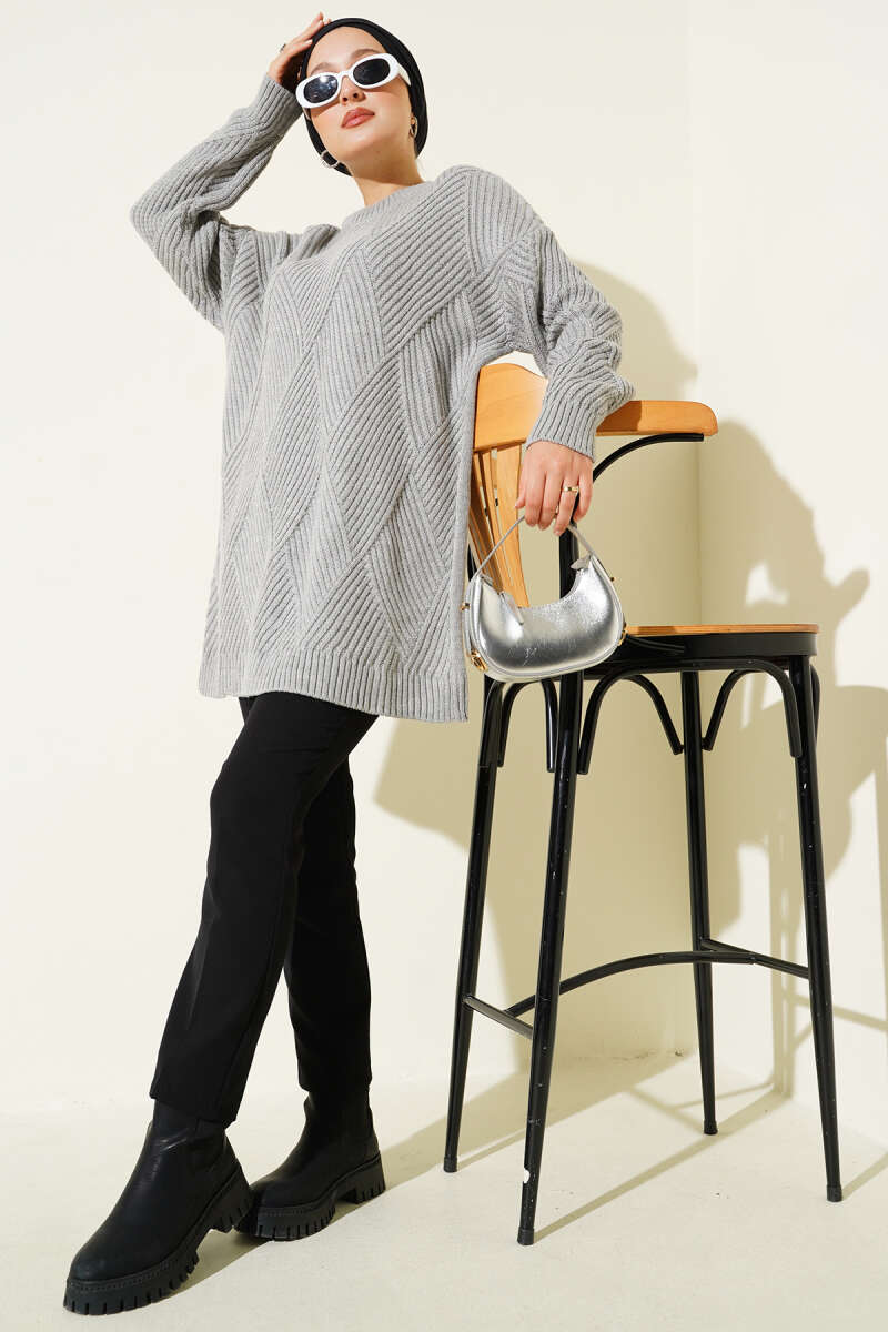 Striped Diamond Pattern Knit Tunic Grey - الصورة 2
